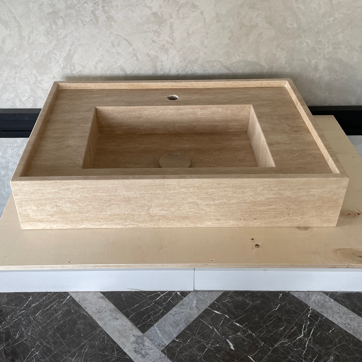 Travertine Handcrafted Vein-Cut Beige Custom Bathroom Sink Basin, photo 7 of 11