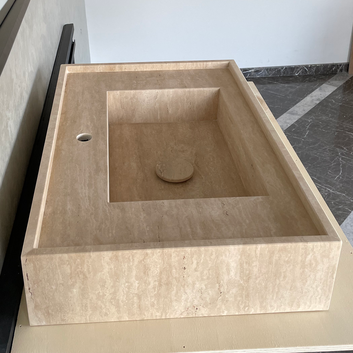Travertine Handcrafted Vein-Cut Beige Custom Bathroom Sink Basin, photo 6 of 11