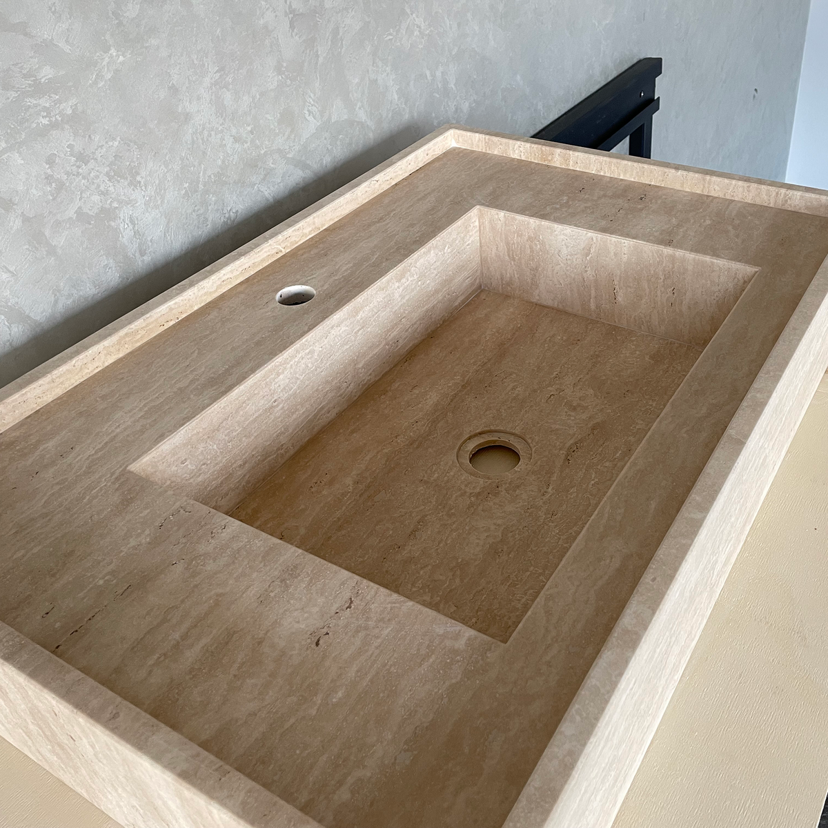 Travertine Handcrafted Vein-Cut Beige Custom Bathroom Sink Basin, photo 4 of 11