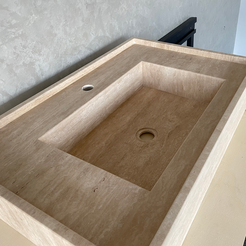 Travertine Handcrafted Vein-Cut Beige Custom Bathroom Sink Basin, photo 4 of 11