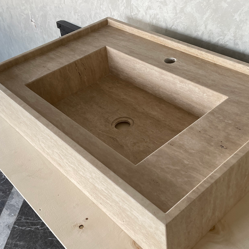 Travertine Handcrafted Vein-Cut Beige Custom Bathroom Sink Basin, photo 2 of 11