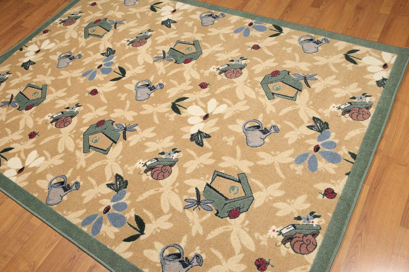 5'x7' Tan, Green, Blue, Multi Color Machine Made Polypropylene Indonesian High Density Hand Carved Effect Rug