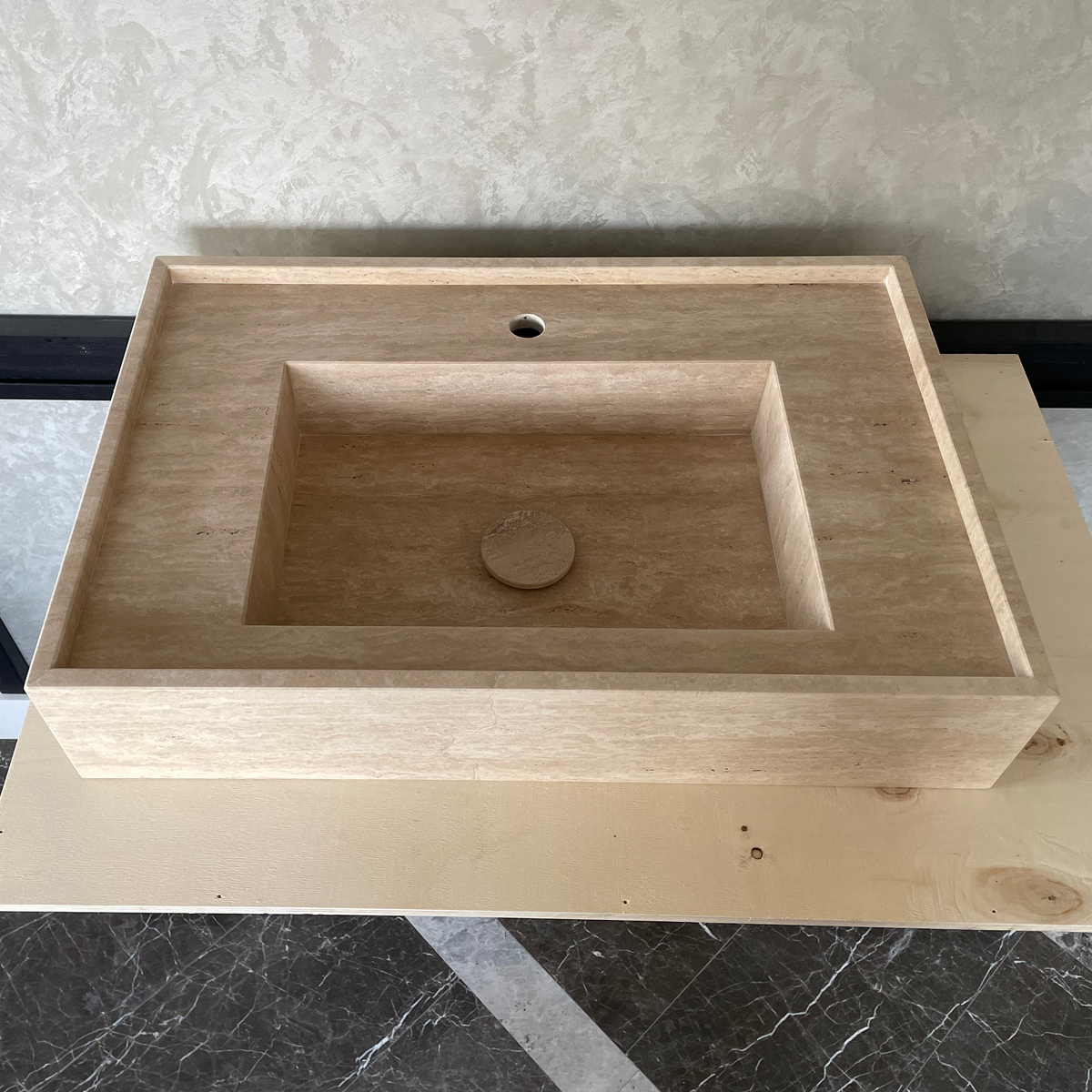 Travertine Handcrafted Vein-Cut Beige Custom Bathroom Sink Basin, photo 3 of 11