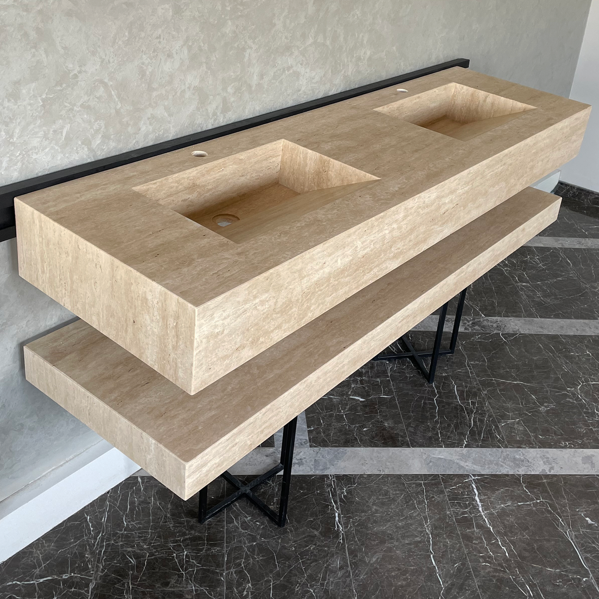 Travertine Custom Handcrafted Bathroom Sink - Matching Shelf, photo 7 of 11