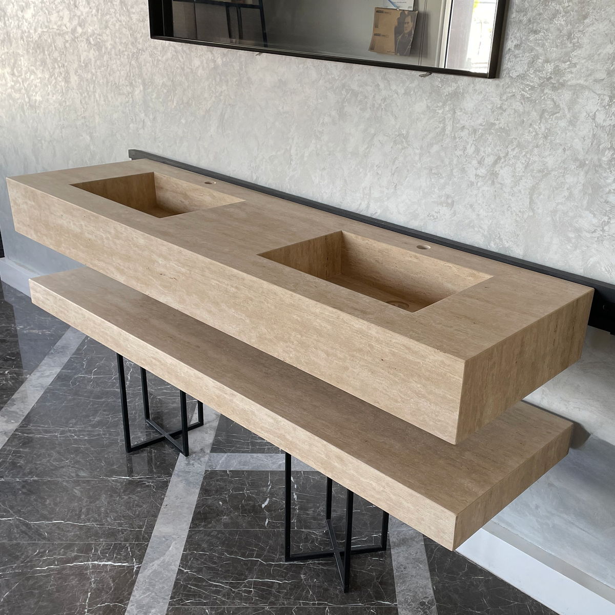 Travertine Custom Handcrafted Bathroom Sink - Matching Shelf, photo 9 of 11