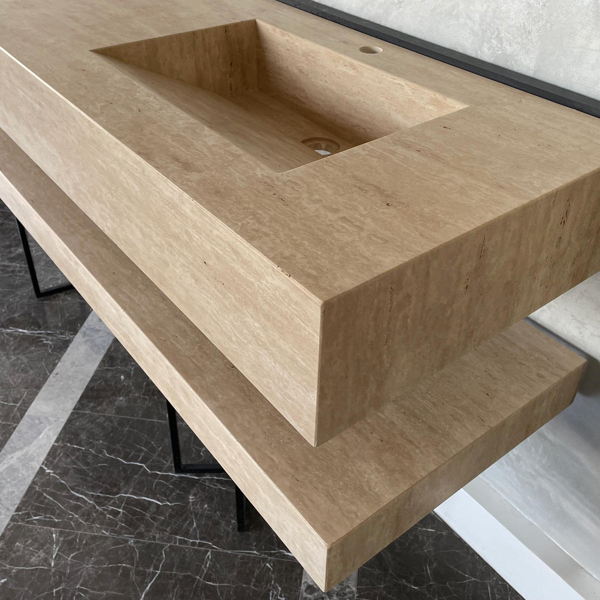 Travertine Custom Handcrafted Bathroom Sink - Matching Shelf, photo 2 of 11