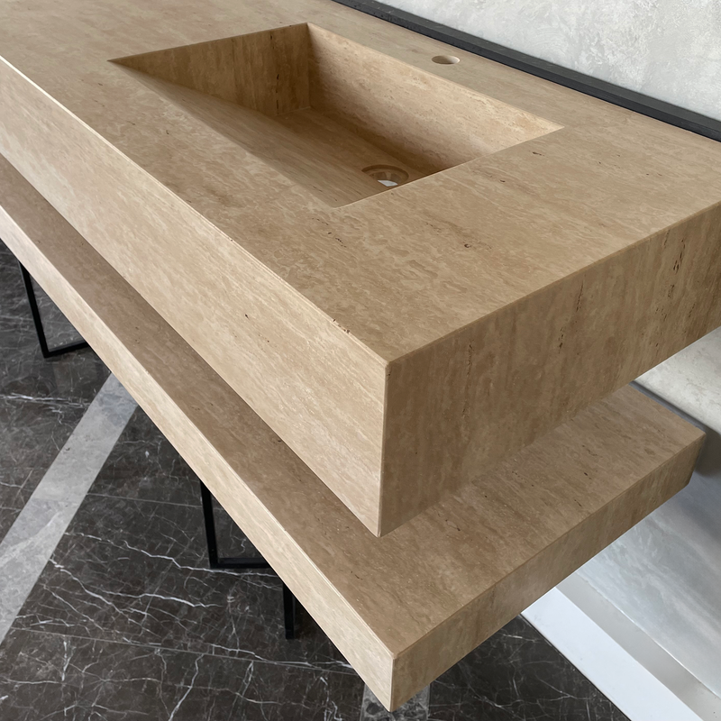 Travertine Custom Handcrafted Bathroom Sink - Matching Shelf, photo 2 of 11