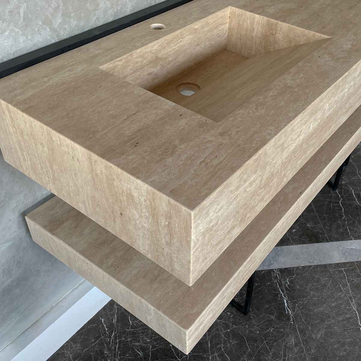 Travertine Custom Handcrafted Bathroom Sink - Matching Shelf, photo 3 of 11