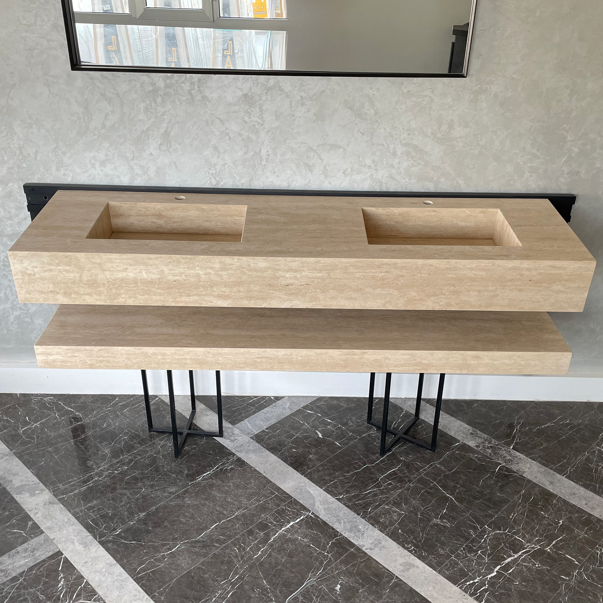 Travertine Custom Handcrafted Bathroom Sink - Matching Shelf, photo 4 of 11