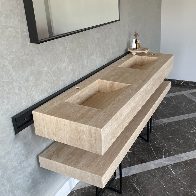 Travertine Custom Handcrafted Bathroom Sink - Matching Shelf, photo 10 of 11