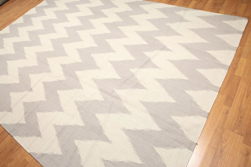 8'x10' Beige and Gray Color Hand Woven Kilim Dhurry 100% Wool Rug