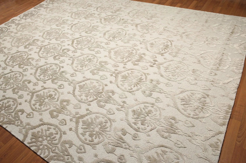 9x12 Olive & Beige Color Hand Knotted Tibetan Ikat Wool & Bamboo Silk Oriental Area Rug