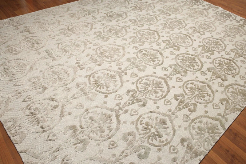 9x12 Olive & Beige Color Hand Knotted Tibetan Ikat Wool & Bamboo Silk Oriental Area Rug