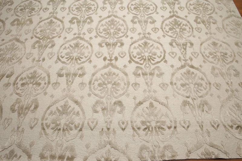 9x12 Olive & Beige Color Hand Knotted Tibetan Ikat Wool & Bamboo Silk Oriental Area Rug