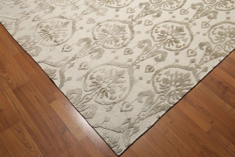 9x12 Olive & Beige Color Hand Knotted Tibetan Ikat Wool & Bamboo Silk Oriental Area Rug