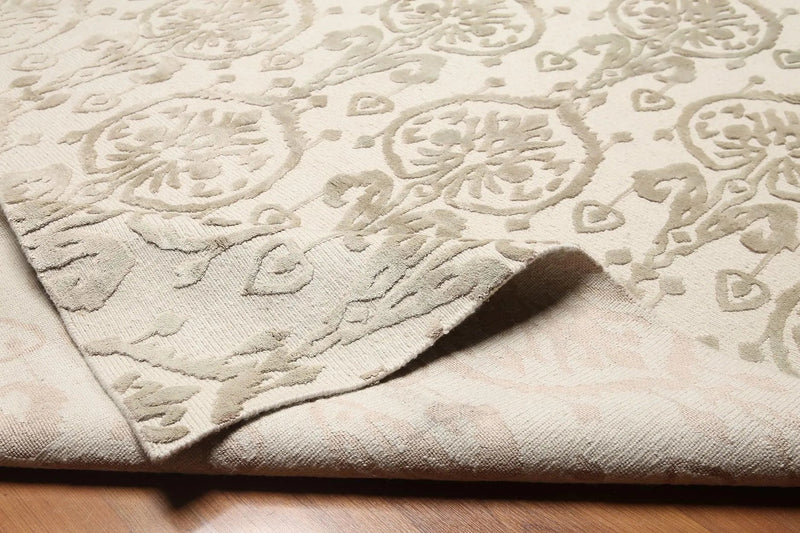 9x12 Olive & Beige Color Hand Knotted Tibetan Ikat Wool & Bamboo Silk Oriental Area Rug