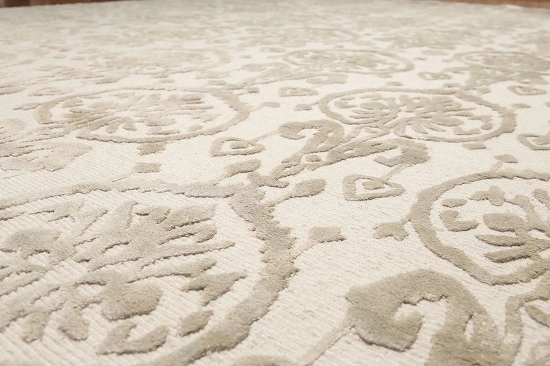 9x12 Olive & Beige Color Hand Knotted Tibetan Ikat Wool & Bamboo Silk Oriental Area Rug