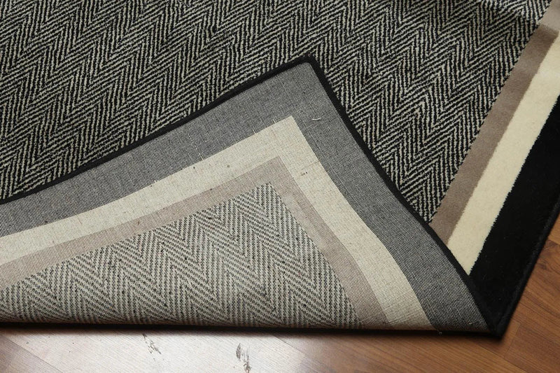 5x7 Black, White, Ivory Machine Made Harring Bone 100% Wool Oriental Area Rug