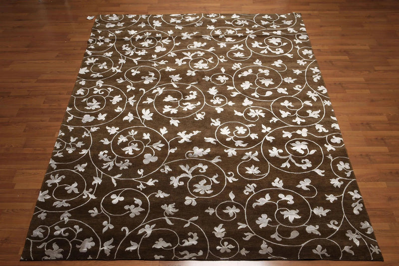 8' x 11' Hand Knotted Wool & Bamboo Silk Oriental Area rug Transitional Brown