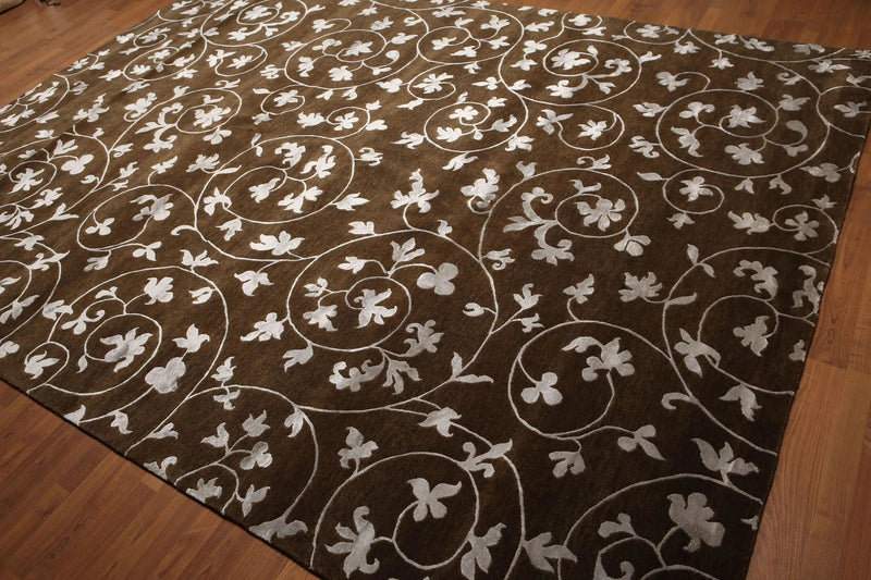 8' x 11' Hand Knotted Wool & Bamboo Silk Oriental Area rug Transitional Brown