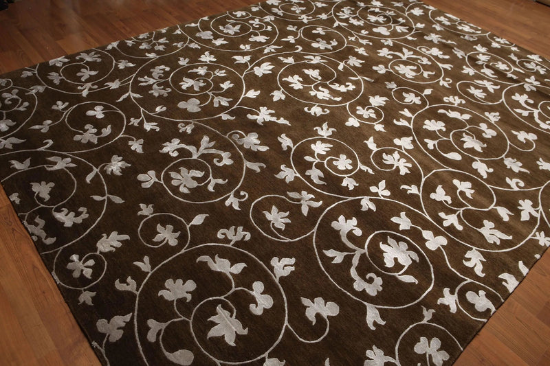 8' x 11' Hand Knotted Wool & Bamboo Silk Oriental Area rug Transitional Brown