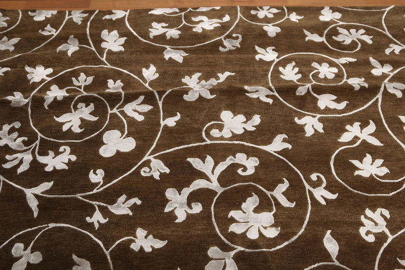 8' x 11' Hand Knotted Wool & Bamboo Silk Oriental Area rug Transitional Brown