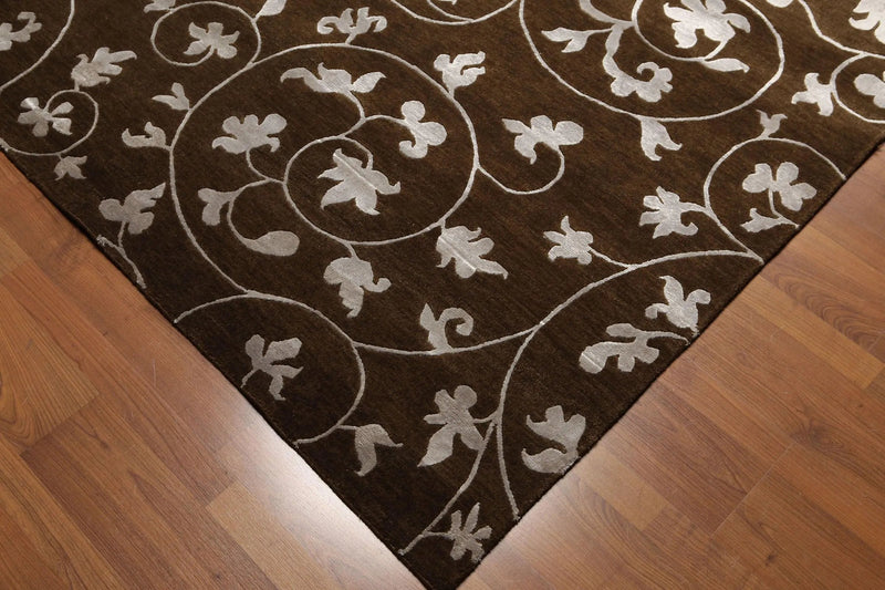 8' x 11' Hand Knotted Wool & Bamboo Silk Oriental Area rug Transitional Brown