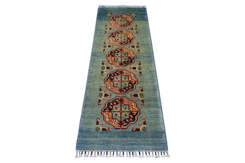 Hand-Knotted Kazak Afghani Wool Rug I Green 2' x 5'7"