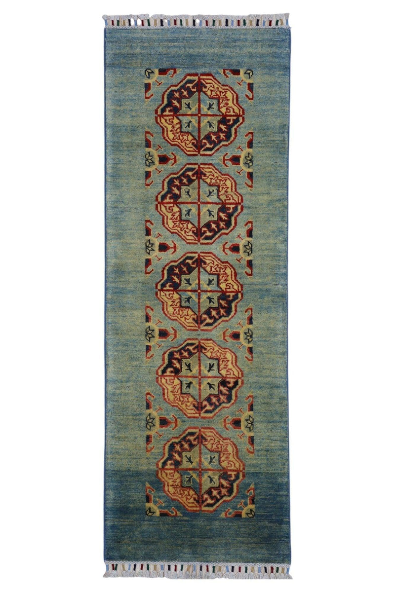 Hand-Knotted Kazak Afghani Wool Rug I Green 2' x 5'7"