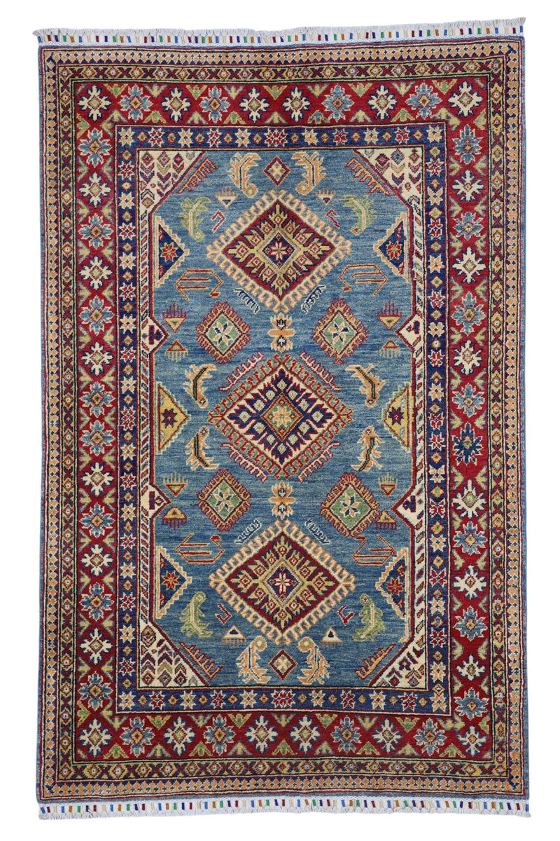 Hand-Knotted Afghani Kazak Wool Rug – 4’0″  x  6’1″