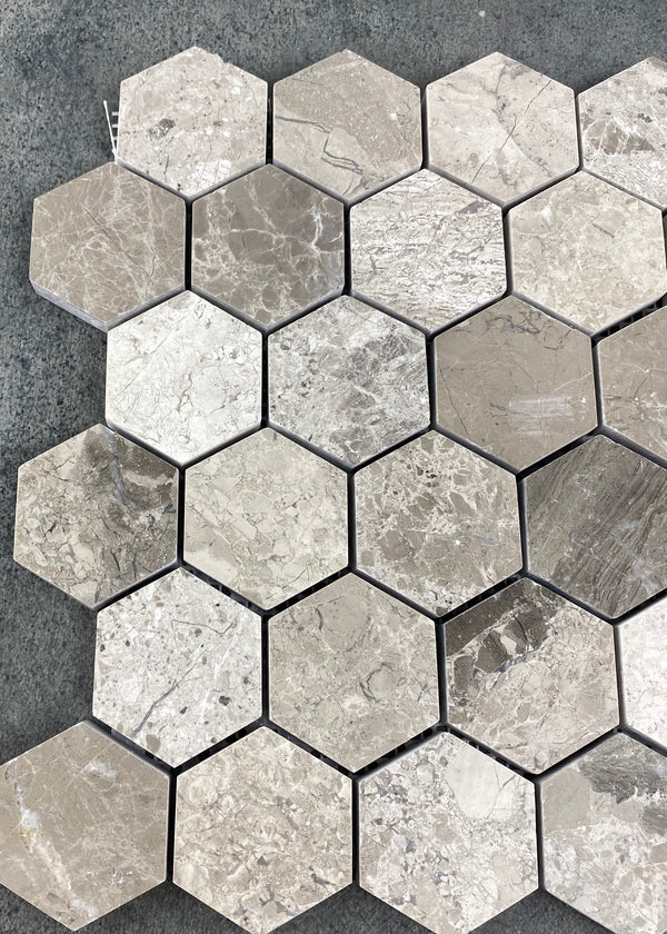 Silver Shadow Marble 2" Hexagon on 12" x 12" Mesh Mosaic Tile, photo 2 of 6