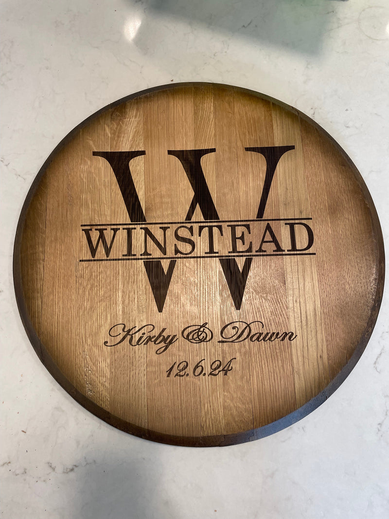 Custom Engraved Whiskey Barrel Head for Wedding or Anniversary