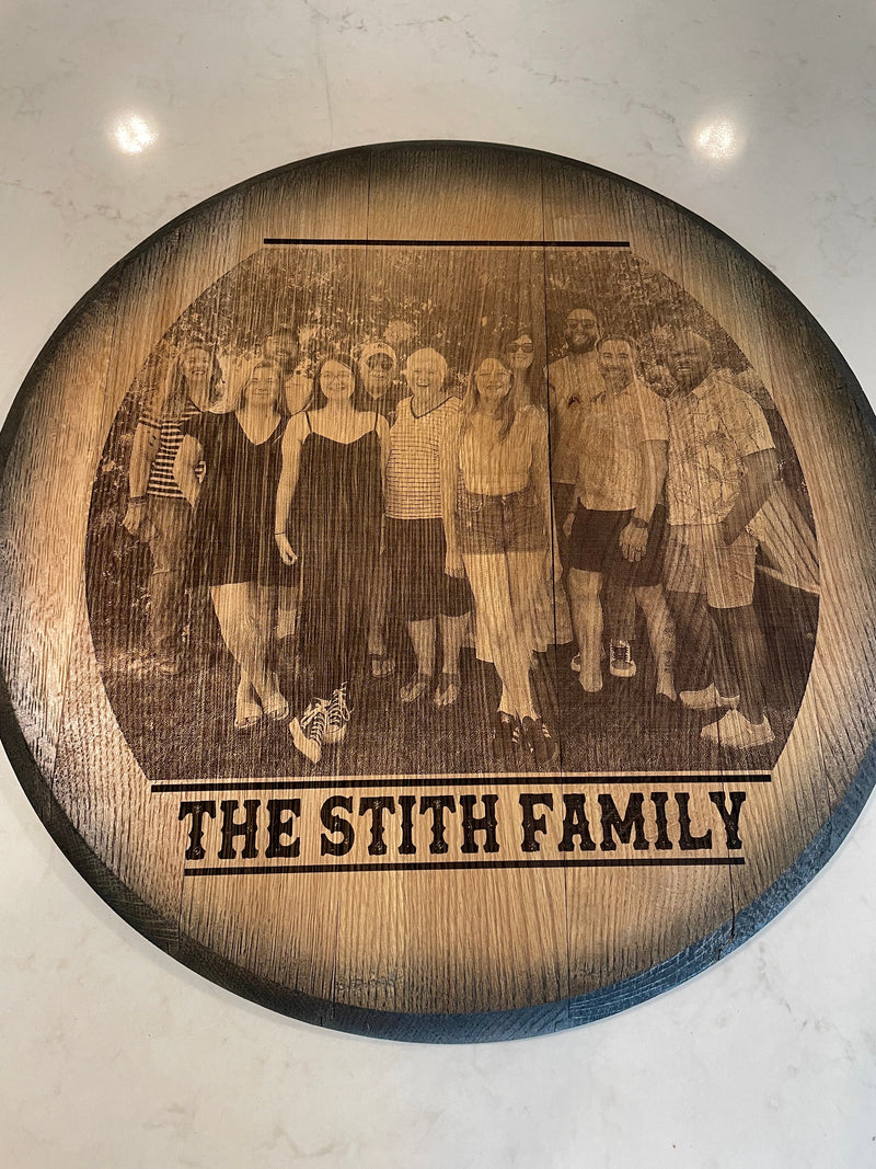 Custom Commemorative Photo Engraved Whiskey Barrel Head