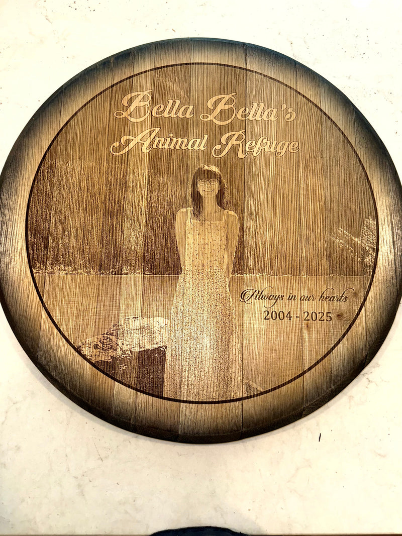 Custom Commemorative Photo Engraved Whiskey Barrel Head