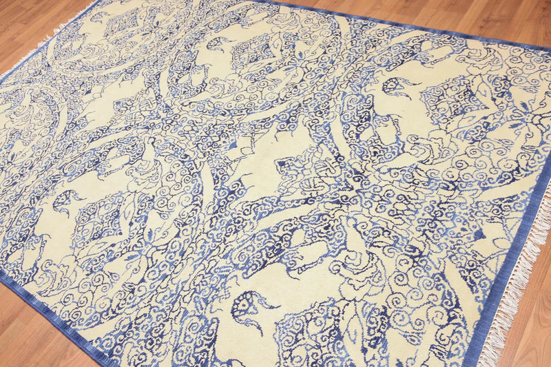 6' x 9' Hand Knotted Chinese Art Deco 100% Wool Area Rug Ivory