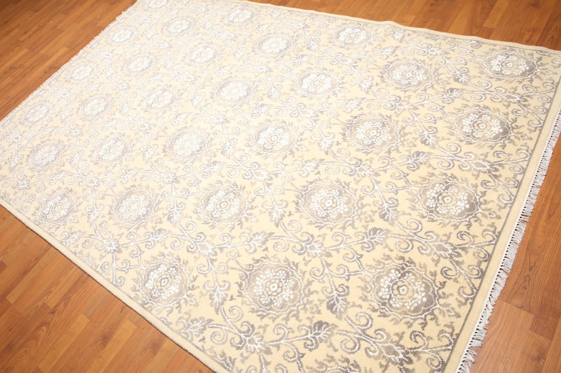 6' x 9' Hand Knotted Damask Area Rug Wool & Bamboo Silk Beige