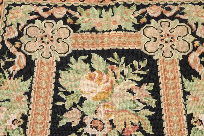 3'x5' Black, Peach, Green, Multi Color Hand Made Needlepoint Aubusson Oriental Rug
