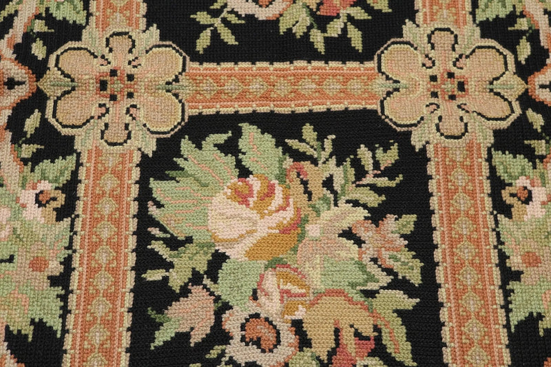 3'x5' Black, Peach, Green, Multi Color Hand Made Needlepoint Aubusson Oriental Rug