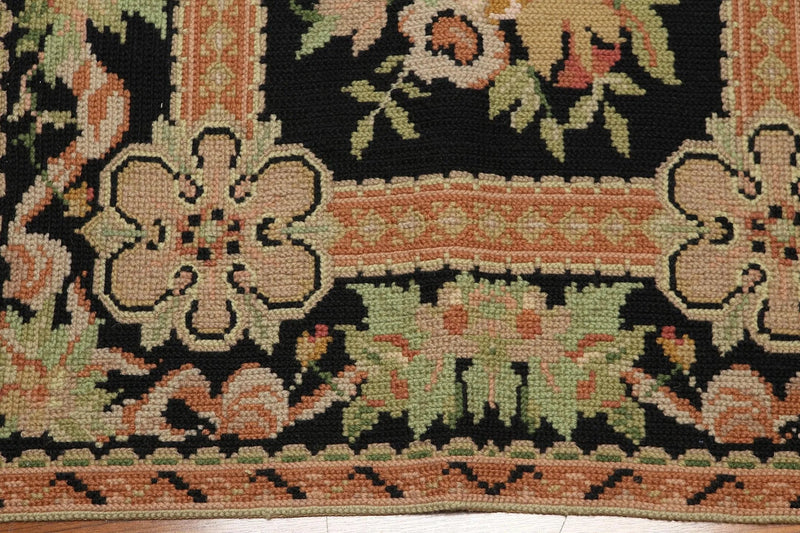 3'x5' Black, Peach, Green, Multi Color Hand Made Needlepoint Aubusson Oriental Rug