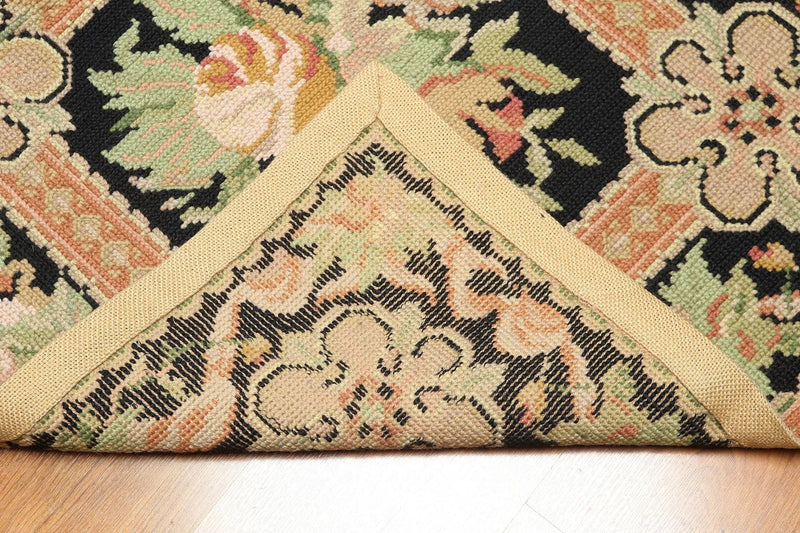 3'x5' Black, Peach, Green, Multi Color Hand Made Needlepoint Aubusson Oriental Rug