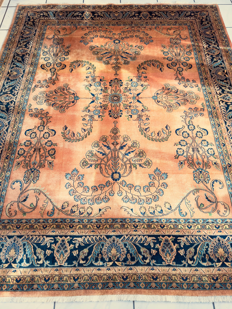 Hand-Knotted Indo-Sarouk Wool Rug – 8' x 10' – Peach Field with Navy Border