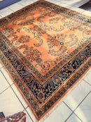 Hand-Knotted Indo-Sarouk Wool Rug – 8' x 10' – Peach Field with Navy Border