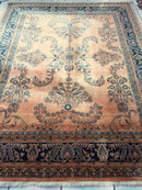 Hand-Knotted Indo-Sarouk Wool Rug – 8' x 10' – Peach Field with Navy Border