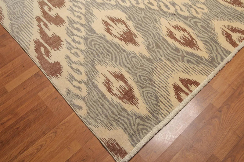 8' x 10' Hand Knotted 100% Wool Ikat Bold Design Oriental Area Rug Beige
