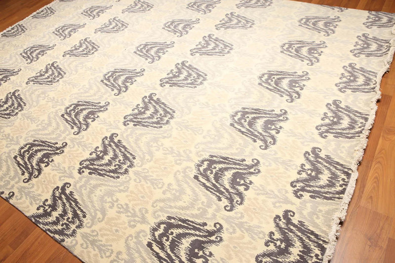 9' x 12' Contemporary Ikat Hand Knotted Wool Full Pile Oriental Area Rug Ivory