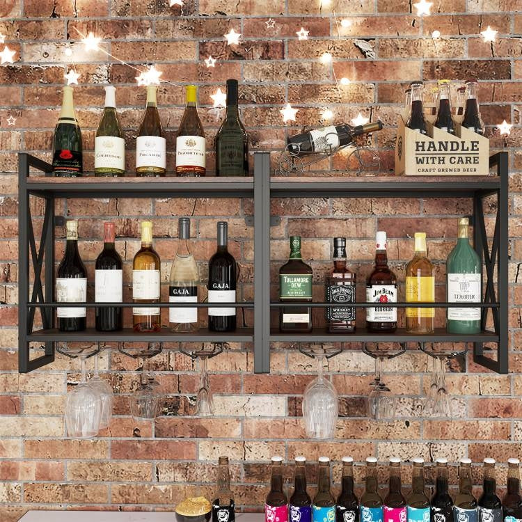 Industrial Rustic Brown Wood Metal 2 Tier Wall Mounted Wine Rack, photo 3 of 5