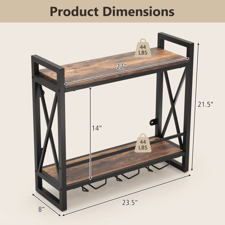 Industrial Rustic Brown Wood Metal 2 Tier Wall Mounted Wine Rack, photo 5 of 5