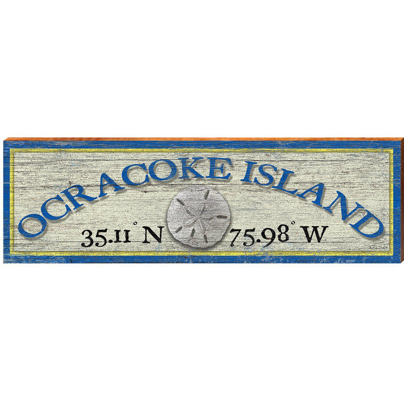 Ocracoke Island Sand Dollar Blue/Yellow Latitude Longitude | Wall Art Print on Real Wood