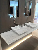 Handcrafted 80 Inch White Marble Double Bathroom Sink Wall Mount