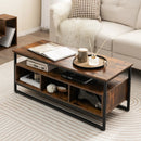 3-Tier Industrial Style Coffee Table with Open Shelf and 3 Storage Cubbies-Rustic Brown by LJGDeals
